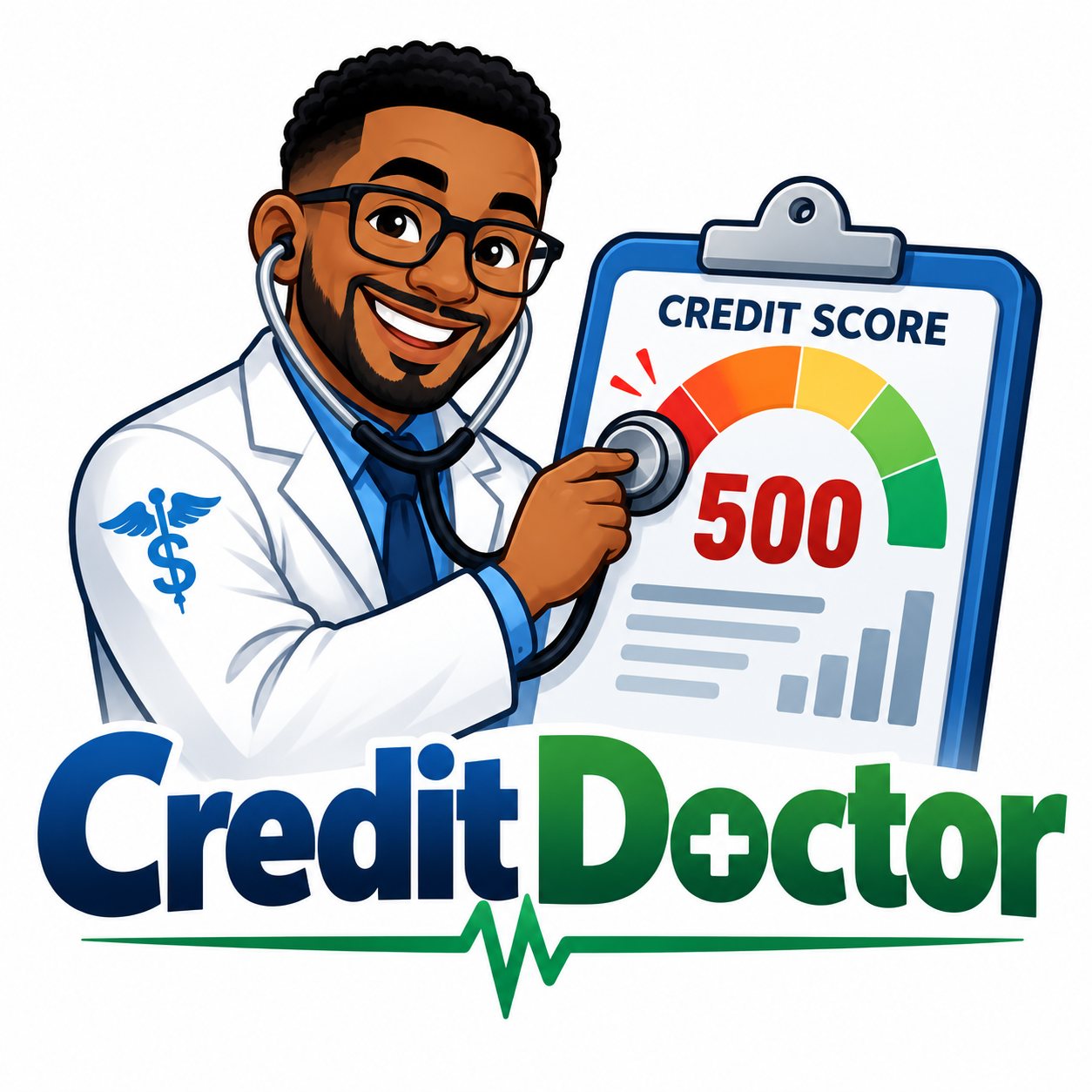 Cartoon credit doctor with stethoscope examining a sample credit score of 500